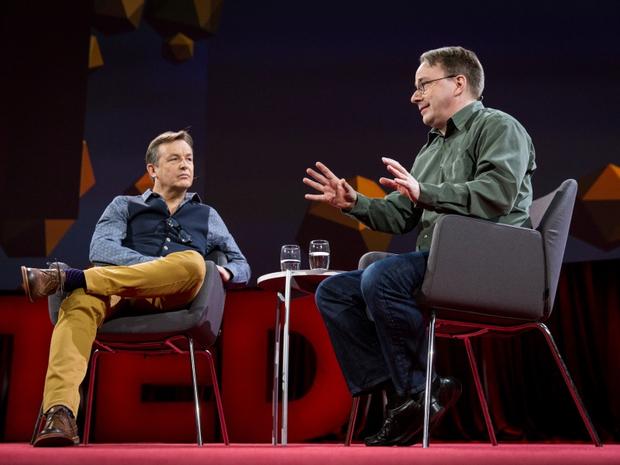 Host Chris Anderson interviews Linus Torvalds at TED2016 - Dream, February 15-19, 2016, Vancouver Convention Center, Vancouver, Canada. Photo: Bret Hartman / TED